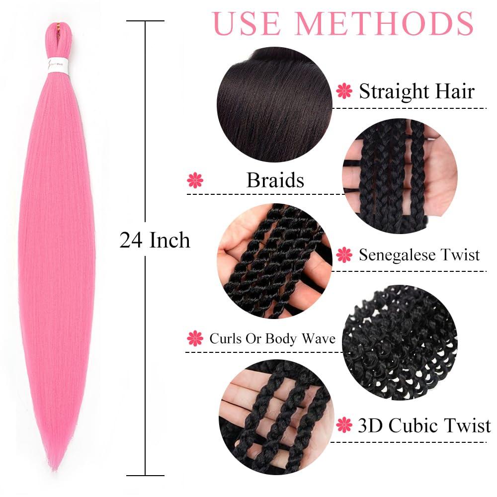 imageBraiding Hair Pre Stretched 24 inch 8 Packs Natural Black Easy Braid Synthetic Professional Soft Yaki TextureNo Itch Hot Water Setting Hair Extensions for Braids 24in1BPink