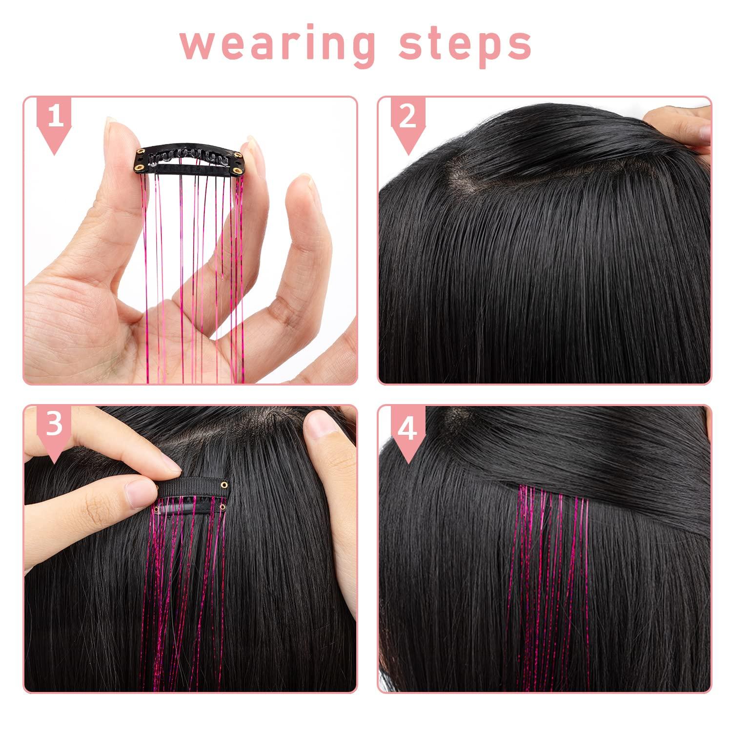 imageSilver Hair Tinsel 12Pcs Clip in Hair Tinsel Kit 205 Inch Fairy Hair Tinsel Kit Heat Resistant Silver Hair Accessories Glitter Hair Extensions for Christmas Halloween Cosplay PartyRose red
