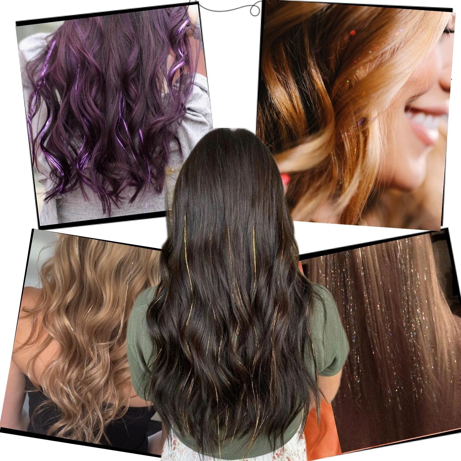 imageSilver Hair Tinsel 12Pcs Clip in Hair Tinsel Kit 205 Inch Fairy Hair Tinsel Kit Heat Resistant Silver Hair Accessories Glitter Hair Extensions for Christmas Halloween Cosplay PartyThreecolor