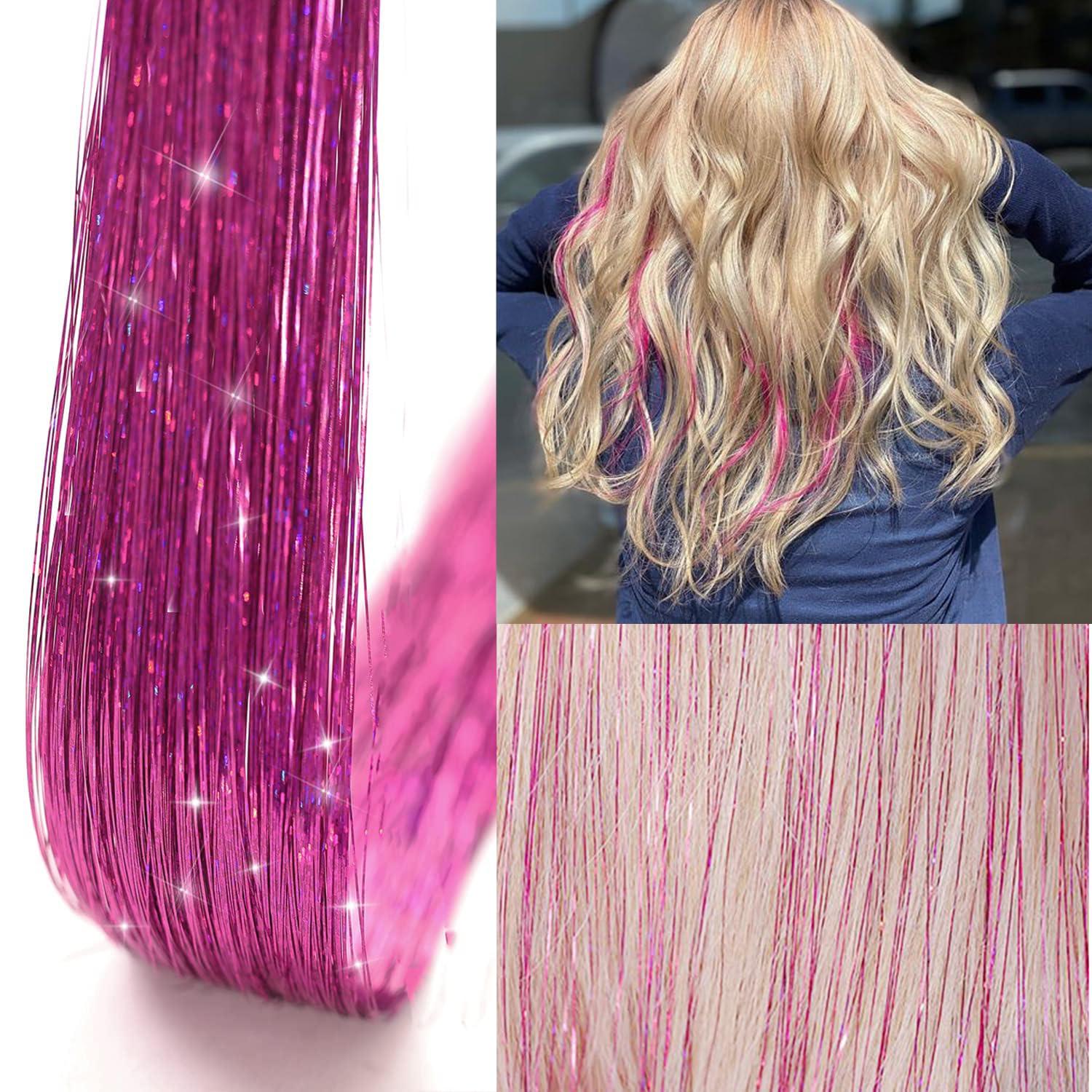 imageSilver Hair Tinsel 12Pcs Clip in Hair Tinsel Kit 205 Inch Fairy Hair Tinsel Kit Heat Resistant Silver Hair Accessories Glitter Hair Extensions for Christmas Halloween Cosplay PartyRose red