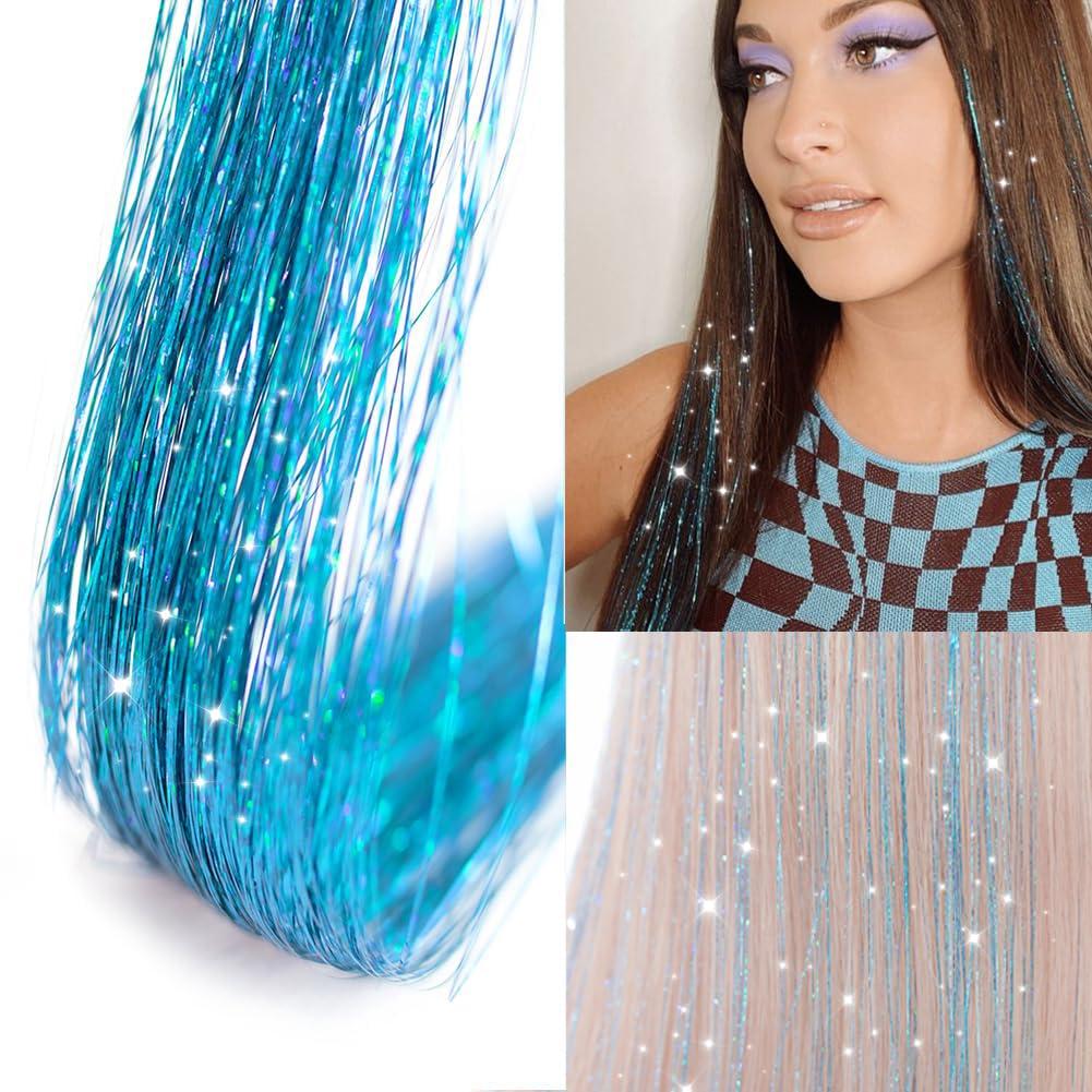 imageSilver Hair Tinsel 12Pcs Clip in Hair Tinsel Kit 205 Inch Fairy Hair Tinsel Kit Heat Resistant Silver Hair Accessories Glitter Hair Extensions for Christmas Halloween Cosplay PartySky Blue