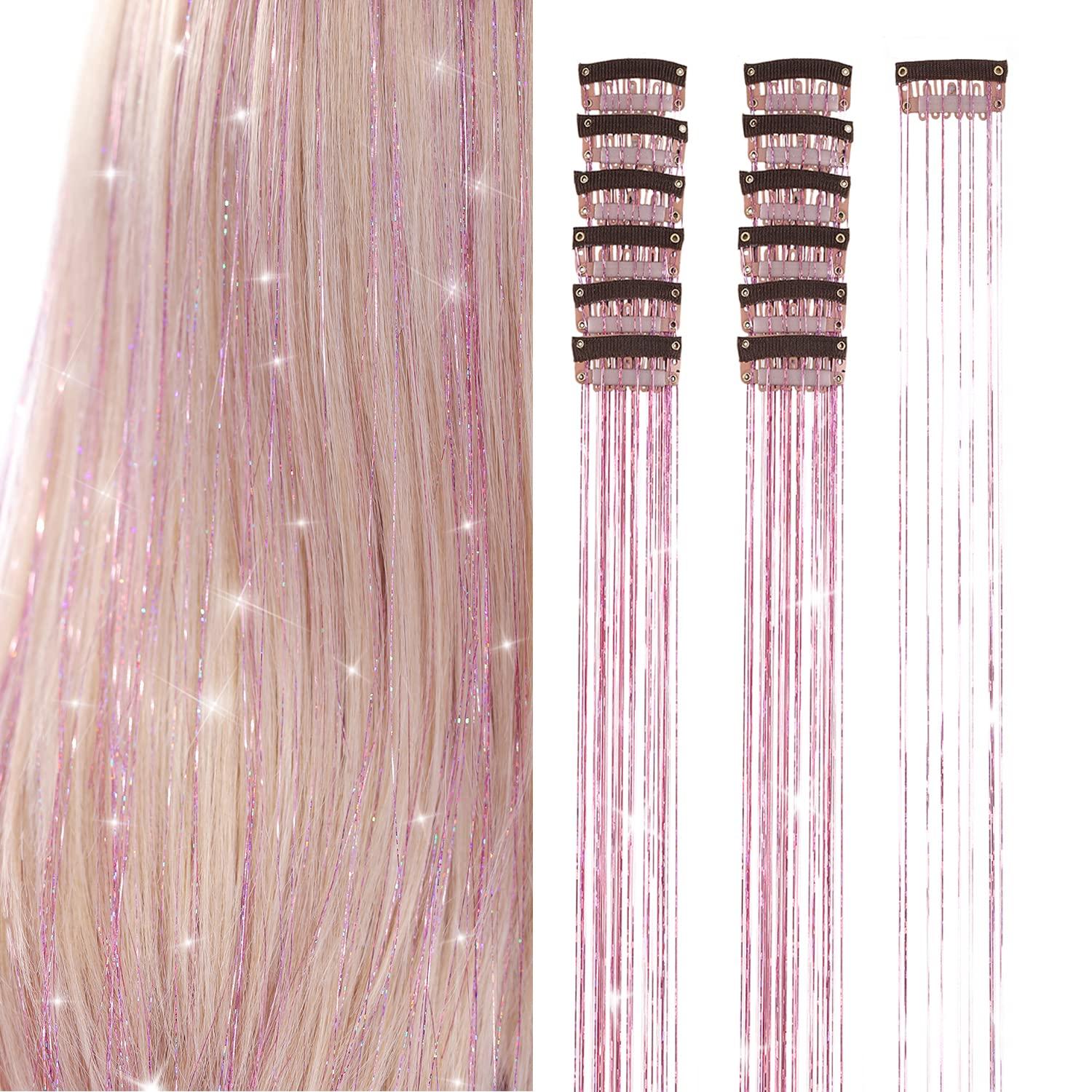 imageSilver Hair Tinsel 12Pcs Clip in Hair Tinsel Kit 205 Inch Fairy Hair Tinsel Kit Heat Resistant Silver Hair Accessories Glitter Hair Extensions for Christmas Halloween Cosplay PartyPink