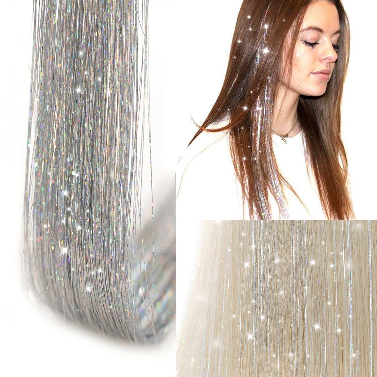 imageSilver Hair Tinsel 12Pcs Clip in Hair Tinsel Kit 205 Inch Fairy Hair Tinsel Kit Heat Resistant Silver Hair Accessories Glitter Hair Extensions for Christmas Halloween Cosplay PartySilver