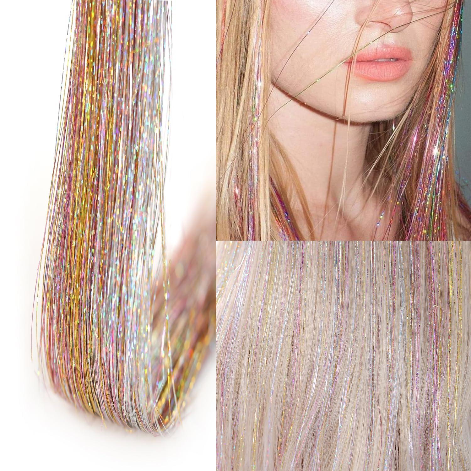 imageSilver Hair Tinsel 12Pcs Clip in Hair Tinsel Kit 205 Inch Fairy Hair Tinsel Kit Heat Resistant Silver Hair Accessories Glitter Hair Extensions for Christmas Halloween Cosplay PartyThreecolor