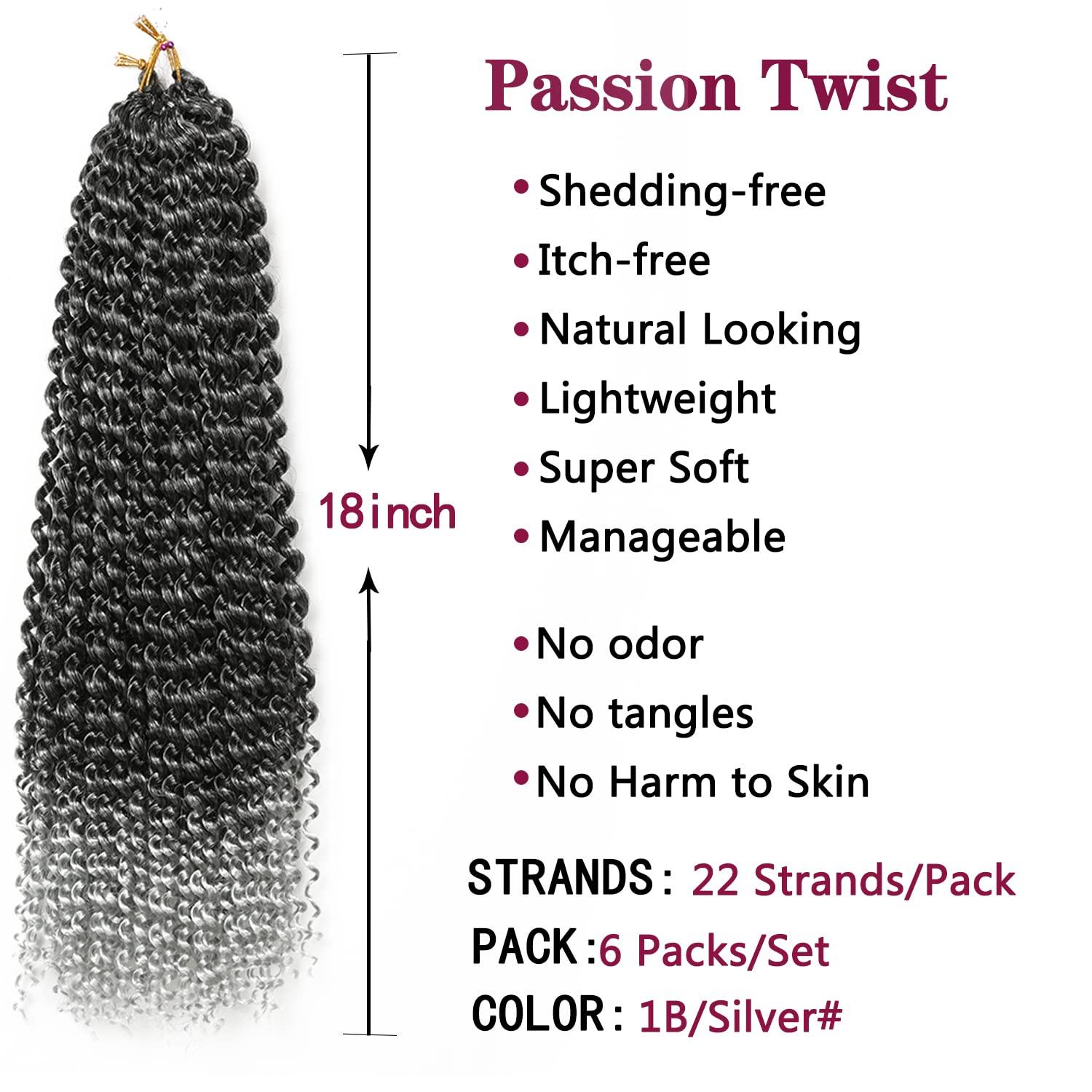 imageUbeleco Passion Twist Hair 18 Inch 6 Packs x22 strands pack132 Strands Full Head Water Wave Crochet Hair Long Curly Braiding Hair Spring Twist Braids Hair Extensions for Black Women1BGray