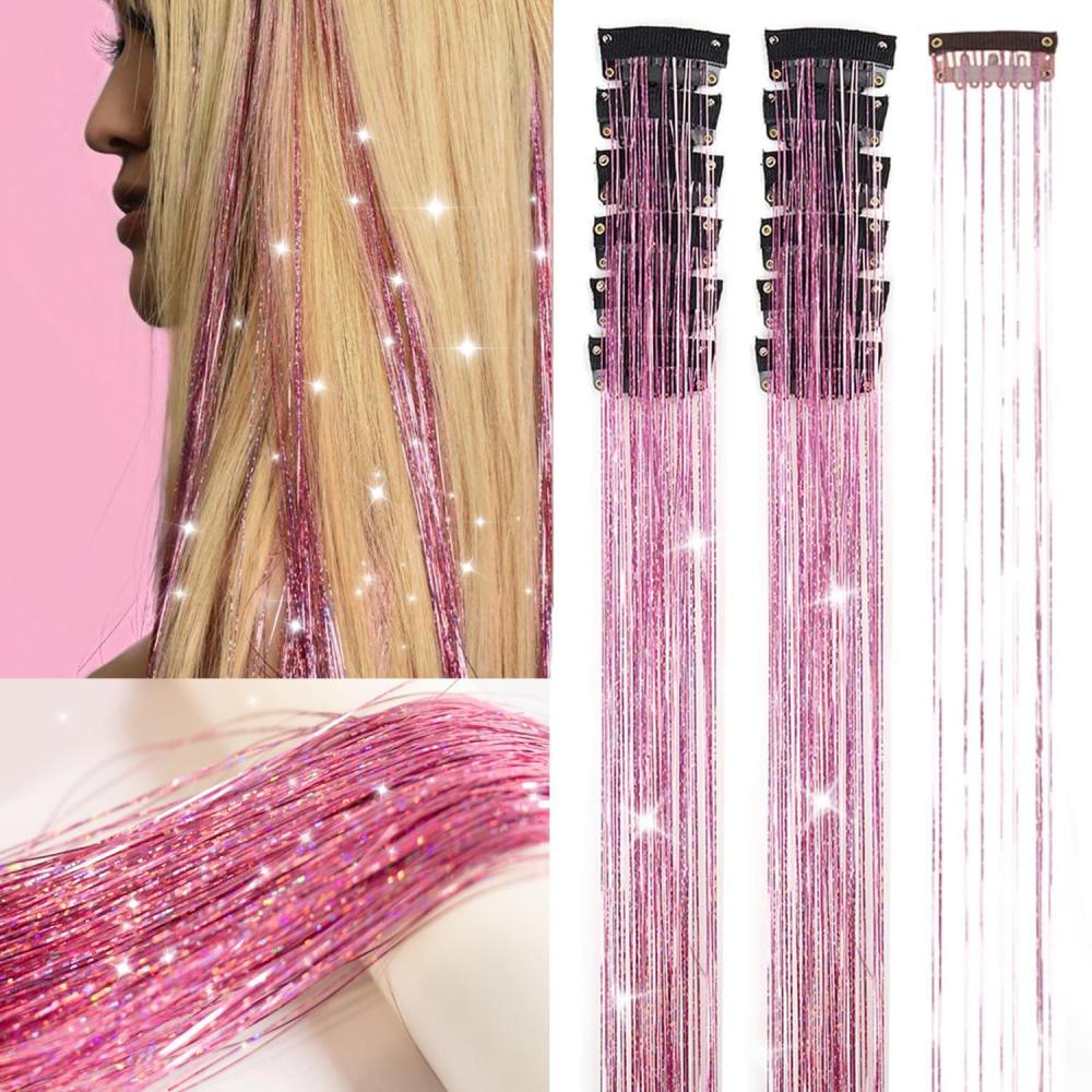 imageSilver Hair Tinsel 12Pcs Clip in Hair Tinsel Kit 205 Inch Fairy Hair Tinsel Kit Heat Resistant Silver Hair Accessories Glitter Hair Extensions for Christmas Halloween Cosplay PartyPink