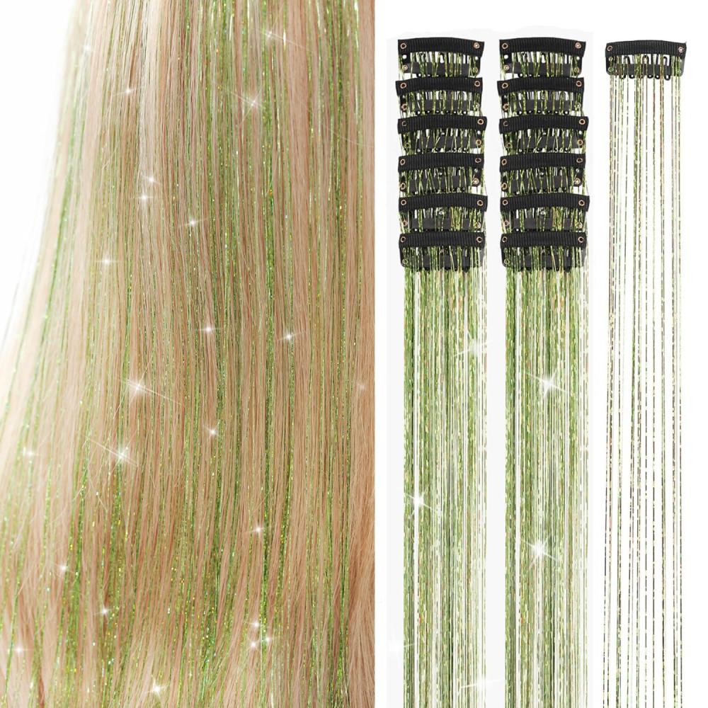 imageSilver Hair Tinsel 12Pcs Clip in Hair Tinsel Kit 205 Inch Fairy Hair Tinsel Kit Heat Resistant Silver Hair Accessories Glitter Hair Extensions for Christmas Halloween Cosplay PartyGrass Green