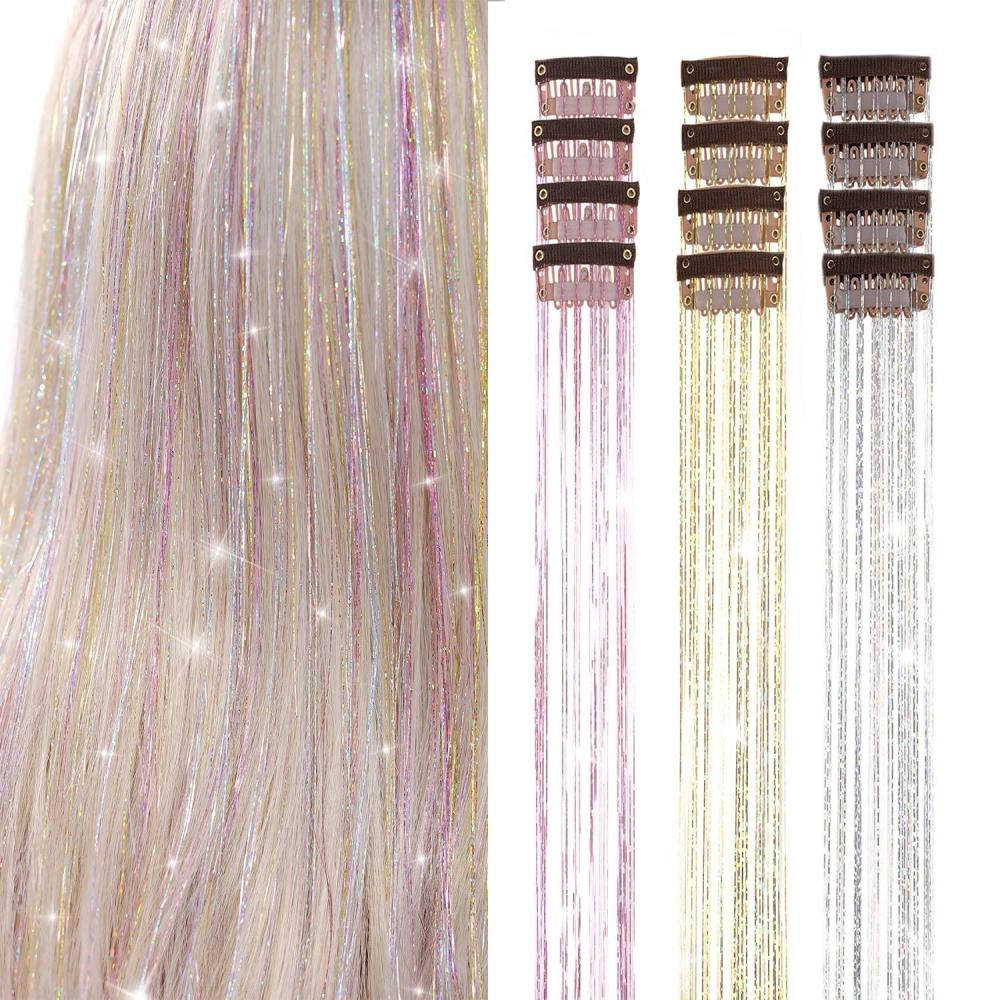 imageSilver Hair Tinsel 12Pcs Clip in Hair Tinsel Kit 205 Inch Fairy Hair Tinsel Kit Heat Resistant Silver Hair Accessories Glitter Hair Extensions for Christmas Halloween Cosplay PartyThreecolor