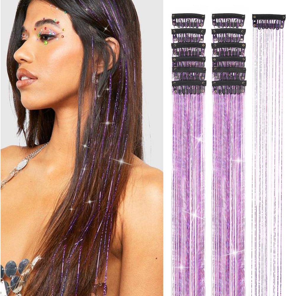 imageSilver Hair Tinsel 12Pcs Clip in Hair Tinsel Kit 205 Inch Fairy Hair Tinsel Kit Heat Resistant Silver Hair Accessories Glitter Hair Extensions for Christmas Halloween Cosplay PartyPurple