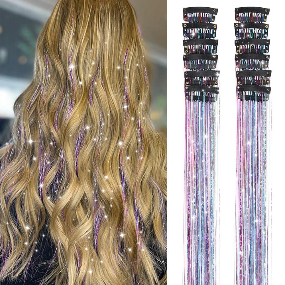 imageSilver Hair Tinsel 12Pcs Clip in Hair Tinsel Kit 205 Inch Fairy Hair Tinsel Kit Heat Resistant Silver Hair Accessories Glitter Hair Extensions for Christmas Halloween Cosplay PartyColorful