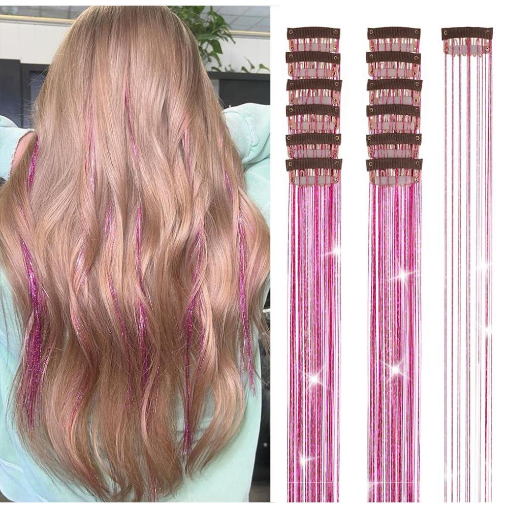 imageSilver Hair Tinsel 12Pcs Clip in Hair Tinsel Kit 205 Inch Fairy Hair Tinsel Kit Heat Resistant Silver Hair Accessories Glitter Hair Extensions for Christmas Halloween Cosplay PartyRose red