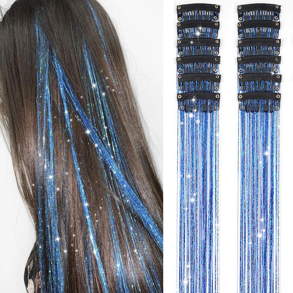imageSilver Hair Tinsel 12Pcs Clip in Hair Tinsel Kit 205 Inch Fairy Hair Tinsel Kit Heat Resistant Silver Hair Accessories Glitter Hair Extensions for Christmas Halloween Cosplay PartySapphire blue