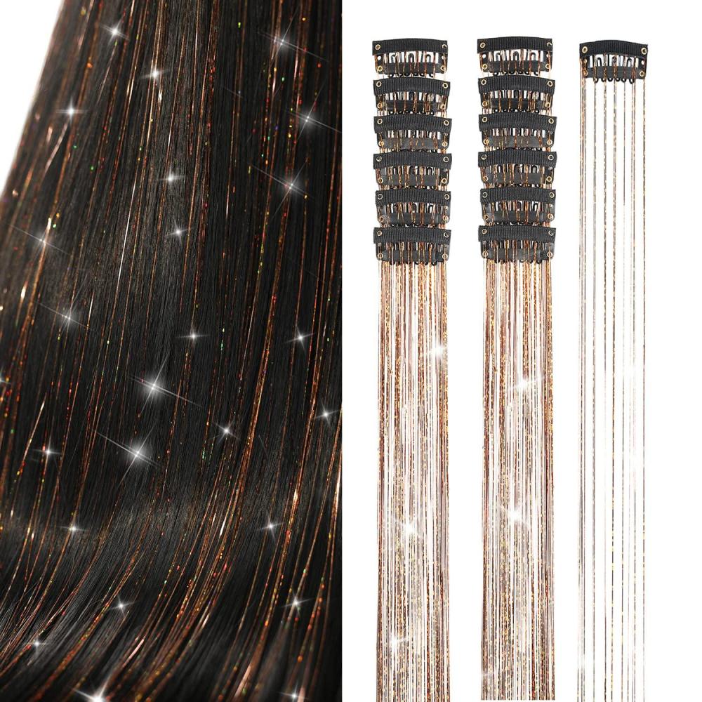 imageSilver Hair Tinsel 12Pcs Clip in Hair Tinsel Kit 205 Inch Fairy Hair Tinsel Kit Heat Resistant Silver Hair Accessories Glitter Hair Extensions for Christmas Halloween Cosplay PartyChampagne