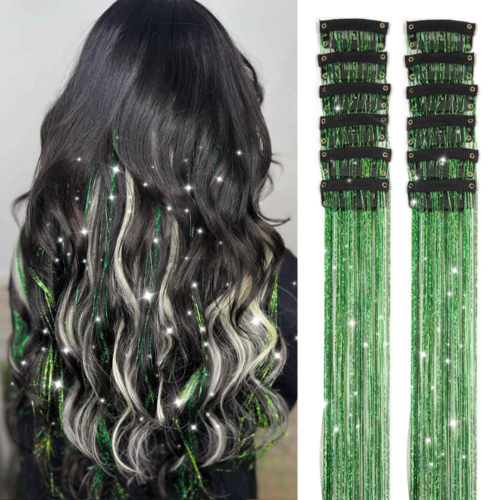 imageSilver Hair Tinsel 12Pcs Clip in Hair Tinsel Kit 205 Inch Fairy Hair Tinsel Kit Heat Resistant Silver Hair Accessories Glitter Hair Extensions for Christmas Halloween Cosplay PartyFruit green