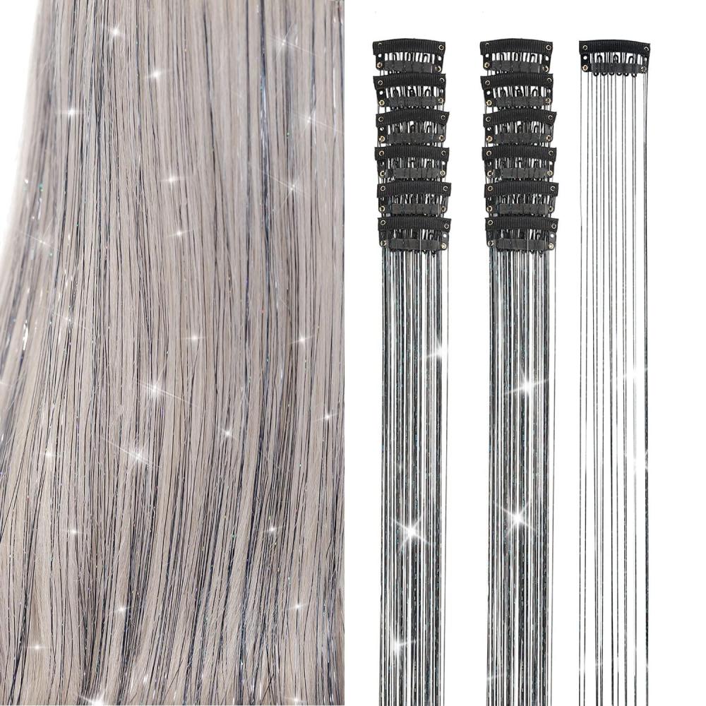 imageSilver Hair Tinsel 12Pcs Clip in Hair Tinsel Kit 205 Inch Fairy Hair Tinsel Kit Heat Resistant Silver Hair Accessories Glitter Hair Extensions for Christmas Halloween Cosplay PartyBlack
