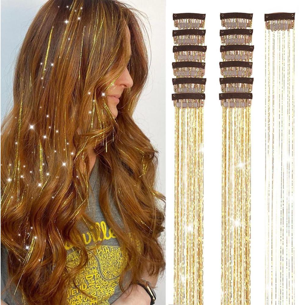 imageSilver Hair Tinsel 12Pcs Clip in Hair Tinsel Kit 205 Inch Fairy Hair Tinsel Kit Heat Resistant Silver Hair Accessories Glitter Hair Extensions for Christmas Halloween Cosplay PartyGolden