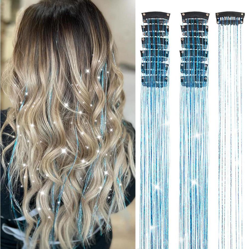 imageSilver Hair Tinsel 12Pcs Clip in Hair Tinsel Kit 205 Inch Fairy Hair Tinsel Kit Heat Resistant Silver Hair Accessories Glitter Hair Extensions for Christmas Halloween Cosplay PartySky Blue