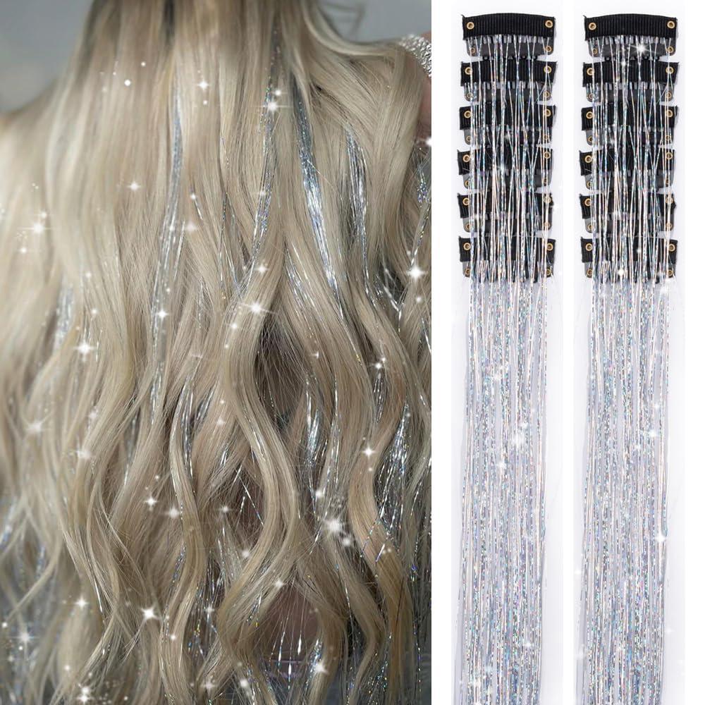 imageSilver Hair Tinsel 12Pcs Clip in Hair Tinsel Kit 205 Inch Fairy Hair Tinsel Kit Heat Resistant Silver Hair Accessories Glitter Hair Extensions for Christmas Halloween Cosplay PartySilver