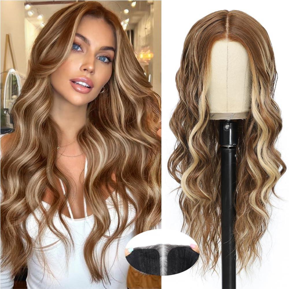 imageUbeleco Black Wigs for Women Long Wavy Middle Part Lace Hair Hairline Replacement Wigs 26 Inch Synthetic Hair Heat Resistant Wig for Daily PartyHighlight Brown Mixed Light Blonde