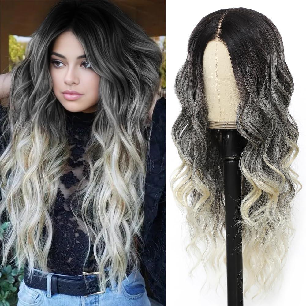 imageUbeleco Black Wigs for Women Long Wavy Middle Part Lace Hair Hairline Replacement Wigs 26 Inch Synthetic Hair Heat Resistant Wig for Daily PartyOmber Grey to Platinum Blonde