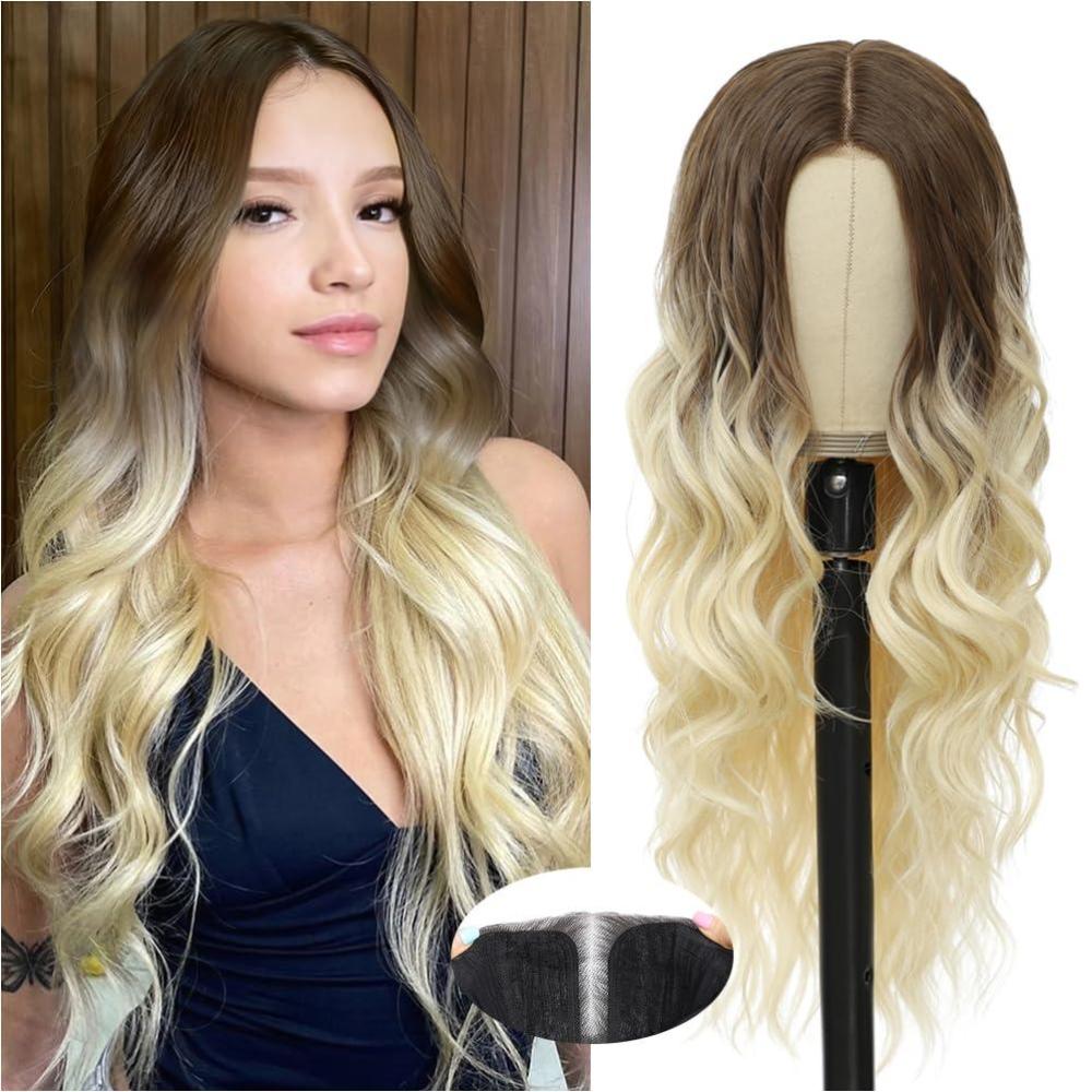 imageUbeleco Black Wigs for Women Long Wavy Middle Part Lace Hair Hairline Replacement Wigs 26 Inch Synthetic Hair Heat Resistant Wig for Daily PartyOmbre Blonde