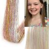 Silver Hair Tinsel 12Pcs Clip in Hair Tinsel Kit 20.5 Inch Fairy Hair Tinsel Kit Heat Resistant Silver Hair Accessories Glitter Hair Extensions for Christmas Halloween Cosplay Party(Gold Pink)