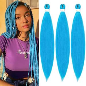 Braiding Hair Pre Stretched 24 inch 3 Packs Professional Yaki Synthetic Hot Water Easy To Install Hair for Braiding (Sky Blue#)