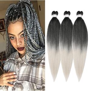Braiding Hair Pre Stretched 24 inch 8 Packs Natural Black Easy Braid Synthetic Professional Soft Yaki Texture,No Itch, Hot Water Setting Hair Extensions for Braids (24in,1B#)(1B/Silver)