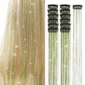 Silver Hair Tinsel 12Pcs Clip in Hair Tinsel Kit 20.5 Inch Fairy Hair Tinsel Kit Heat Resistant Silver Hair Accessories Glitter Hair Extensions for Christmas Halloween Cosplay Party(Grass Green)