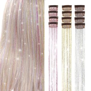 Silver Hair Tinsel 12Pcs Clip in Hair Tinsel Kit 20.5 Inch Fairy Hair Tinsel Kit Heat Resistant Silver Hair Accessories Glitter Hair Extensions for Christmas Halloween Cosplay Party(Three-color)