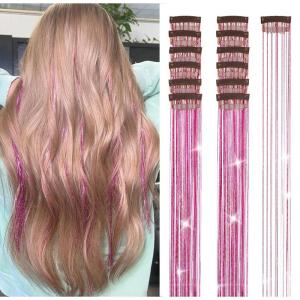 Silver Hair Tinsel 12Pcs Clip in Hair Tinsel Kit 20.5 Inch Fairy Hair Tinsel Kit Heat Resistant Silver Hair Accessories Glitter Hair Extensions for Christmas Halloween Cosplay Party(Rose red)