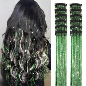 Silver Hair Tinsel 12Pcs Clip in Hair Tinsel Kit 20.5 Inch Fairy Hair Tinsel Kit Heat Resistant Silver Hair Accessories Glitter Hair Extensions for Christmas Halloween Cosplay Party(Fruit green)