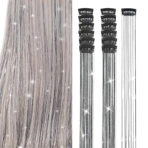 Silver Hair Tinsel 12Pcs Clip in Hair Tinsel Kit 20.5 Inch Fairy Hair Tinsel Kit Heat Resistant Silver Hair Accessories Glitter Hair Extensions for Christmas Halloween Cosplay Party(Black)