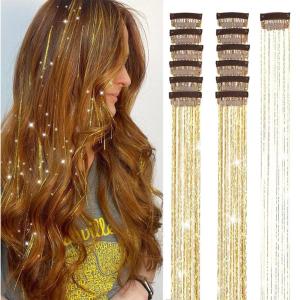 Silver Hair Tinsel 12Pcs Clip in Hair Tinsel Kit 20.5 Inch Fairy Hair Tinsel Kit Heat Resistant Silver Hair Accessories Glitter Hair Extensions for Christmas Halloween Cosplay Party(Golden)