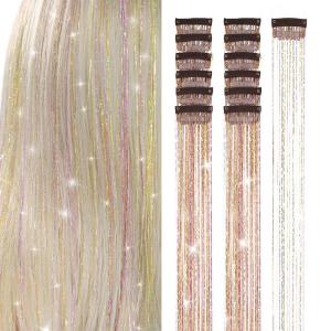 Silver Hair Tinsel 12Pcs Clip in Hair Tinsel Kit 20.5 Inch Fairy Hair Tinsel Kit Heat Resistant Silver Hair Accessories Glitter Hair Extensions for Christmas Halloween Cosplay Party(Gold Pink)