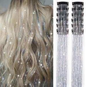 Silver Hair Tinsel 12Pcs Clip in Hair Tinsel Kit 20.5 Inch Fairy Hair Tinsel Kit Heat Resistant Silver Hair Accessories Glitter Hair Extensions for Christmas Halloween Cosplay Party(Silver)