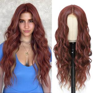 Ubeleco Black Wigs for Women Long Wavy Middle Part Lace Hair Hairline Replacement Wigs 26 Inch Synthetic Hair Heat Resistant Wig for Daily Party(Auburn Red)