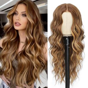 Ubeleco Black Wigs for Women Long Wavy Middle Part Lace Hair Hairline Replacement Wigs 26 Inch Synthetic Hair Heat Resistant Wig for Daily Party(Highlight Brown Mixed Honey Blonde)