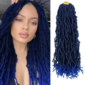 18 Inch Faux Locs Crochet Hair, Ombre Blue Soft Locs 8 Packs Extensible Pre-looped Curly Wavy Locs Crochet Hair For Women Synthetic Goddess Locs Crochet Hair Extension (18 Inch(8 packs), 1B/Blue#)