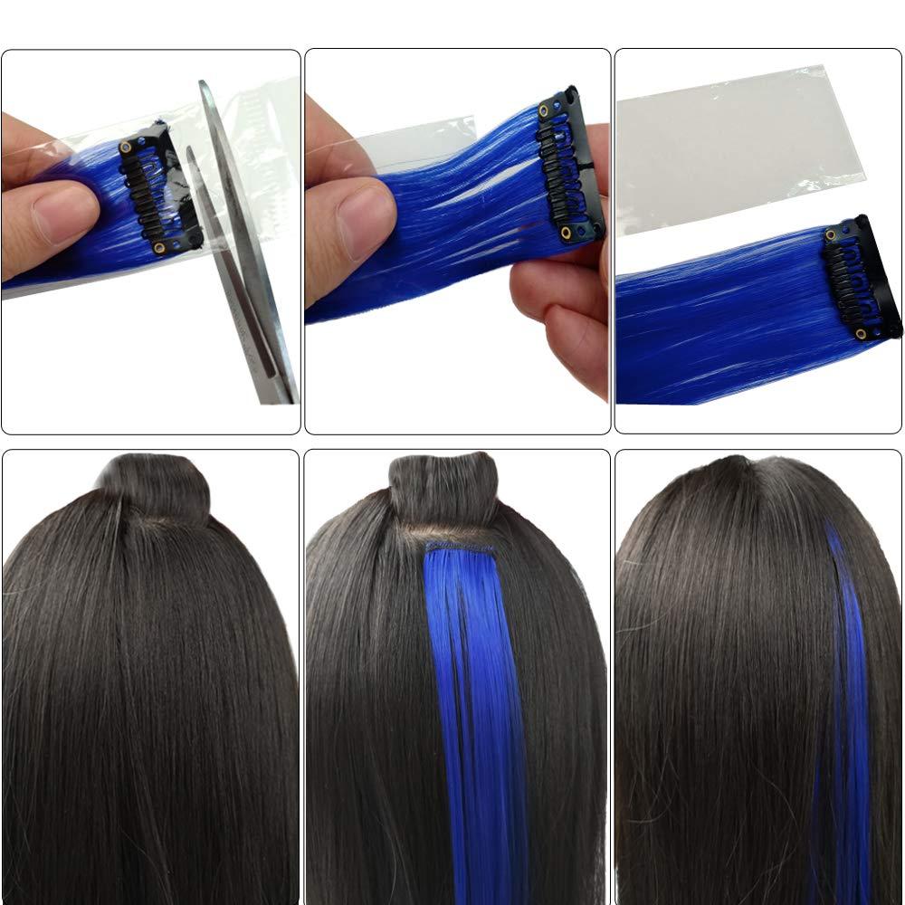 imageUbeleco 48 Packs Colored Hair Extensions 22 Inch Rainbow Multicolor Straight Synthetic Hairpiece Party Highlights Colored Clip in Hair Extensions Halloween Cosplay Christmas for Kids Girls Gift