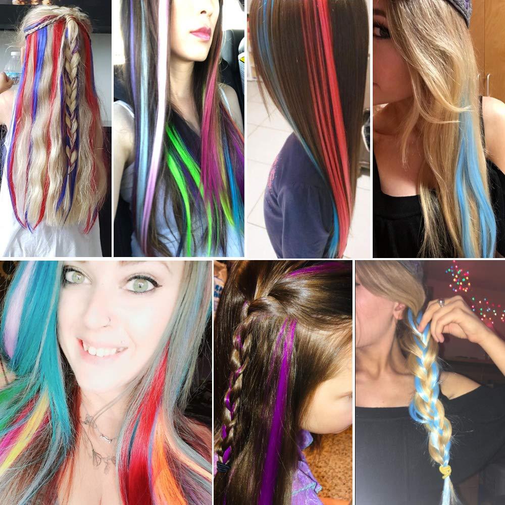 imageUbeleco 48 Packs Colored Hair Extensions 22 Inch Rainbow Multicolor Straight Synthetic Hairpiece Party Highlights Colored Clip in Hair Extensions Halloween Cosplay Christmas for Kids Girls Gift
