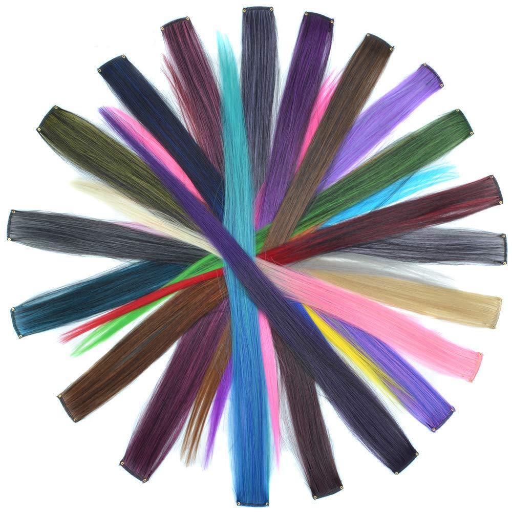 imageUbeleco 48 Packs Colored Hair Extensions 22 Inch Rainbow Multicolor Straight Synthetic Hairpiece Party Highlights Colored Clip in Hair Extensions Halloween Cosplay Christmas for Kids Girls Gift