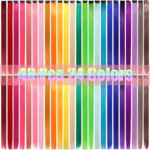 Ubeleco 48 Packs Colored Hair Extensions 22 Inch Rainbow Multi-color Straight Synthetic Hairpiece Party Highlights Colored Clip in Hair Extensions Halloween Cosplay Christmas for Kids Girls Gift