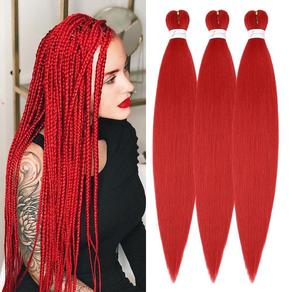 imageBraiding Hair Pre Stretched 24 inch 3 Packs Professional Yaki Synthetic Hot Water Easy To Install Hair for Braiding Red