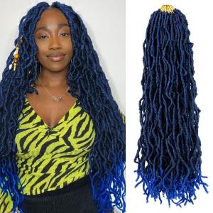 24 Inch Faux Locs Crochet Hair, 8 Packs Ombre Blue Soft Locs Extensible Pre-looped Curly Wavy Locs Crochet Hair For Women Synthetic Goddess Locs Crochet Hair Extension (24 Inch(8 packs), 1B/Blue#)