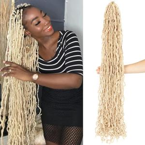 36 Inch Faux Locs Crochet Hair, Bleached Blonde Soft Locs 8 Packs Extensible Pre-looped Curly Wavy Locs Crochet Hair For Women Synthetic Goddess Locs Crochet Hair Extension (36 Inch(8 packs), 613#)