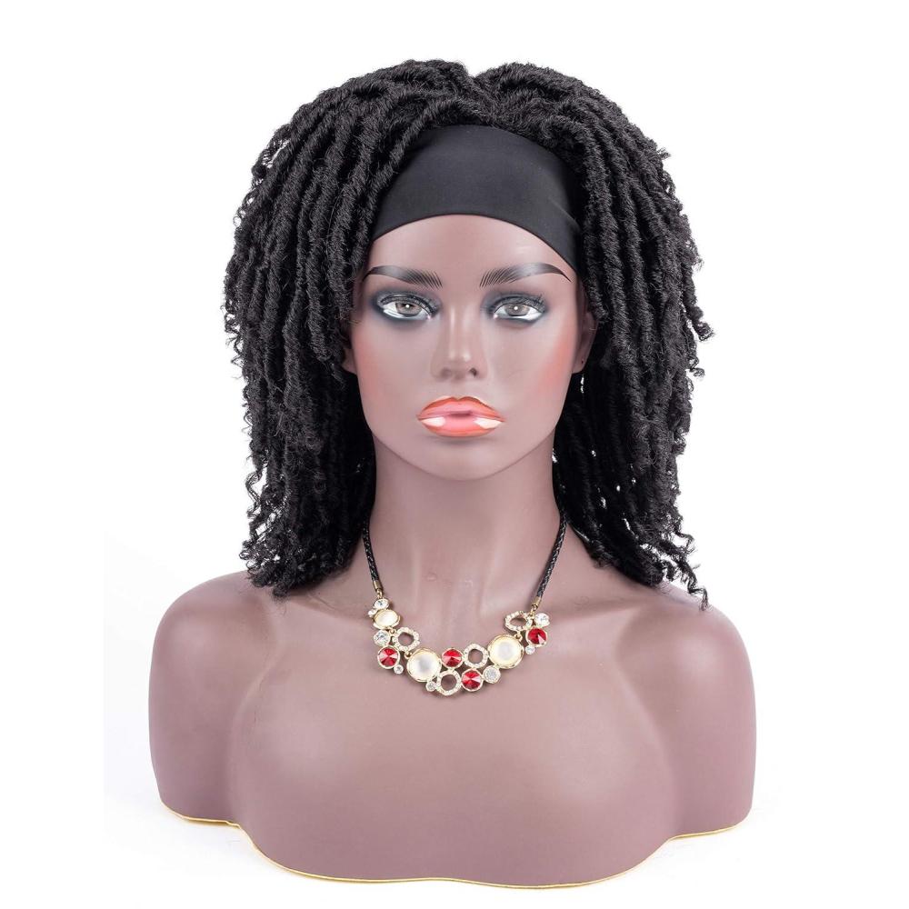 imageBraided Headband Wig Dreadlock Twist Wig Short Braided Wigs for Black Women Curly Afro Twist Wigs Faux Locs Braids Synthetic Hair Wigs with Curly Ends 1B