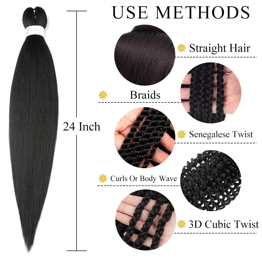 image:imageBraiding Hair Pre Stretched 24 inch 3 Packs Professional Yaki Synthetic Hot Water Easy To Install Hair for Braiding 1B271B