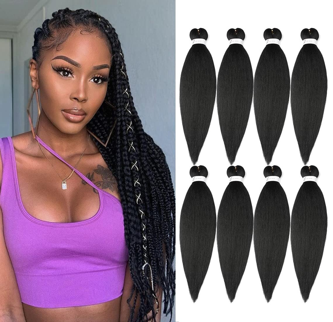 image:imageBraiding Hair Pre Stretched 24 inch 3 Packs Professional Yaki Synthetic Hot Water Easy To Install Hair for Braiding 1B271B