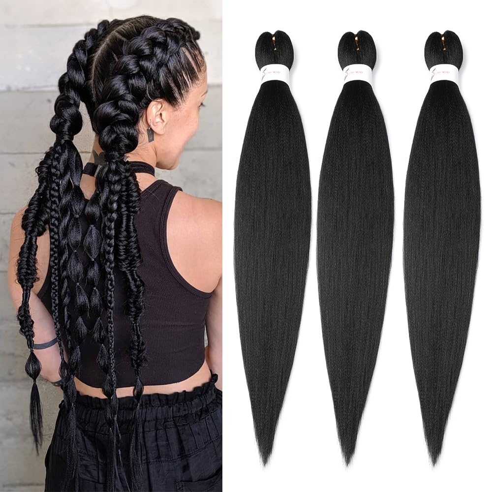 image:imageBraiding Hair Pre Stretched 24 inch 3 Packs Professional Yaki Synthetic Hot Water Easy To Install Hair for Braiding 1B271B